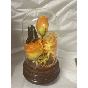 1970 Real Butterfly on Orange Flowers Glass Dome Music Box Vintage Retro